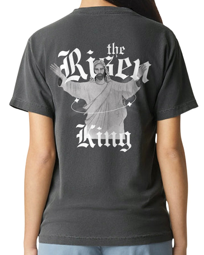 Black t-shirt with 'the Risen King' graphic on the back