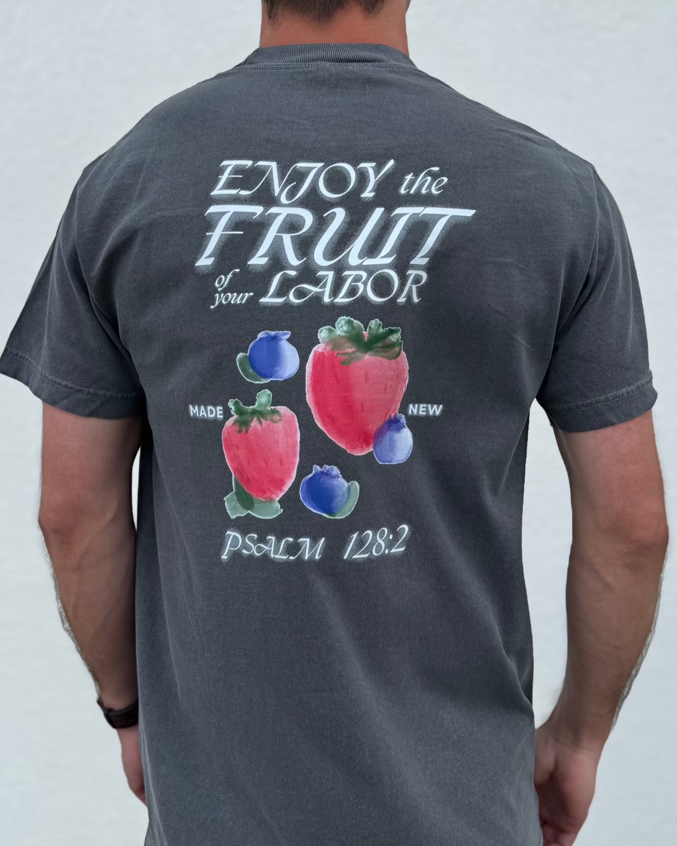 Person wearing a gray t-shirt with a colorful fruit design and text on the back against a light gray background