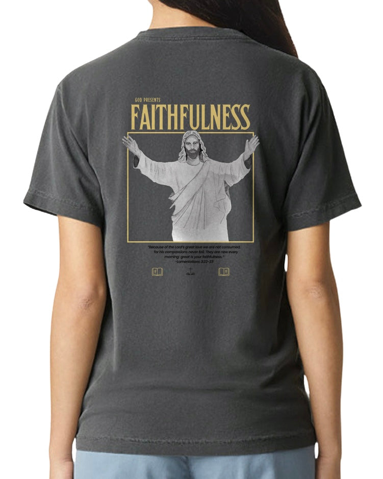 Black t-shirt with a graphic of a Jesus and the word 'Faithfulness' on the back.