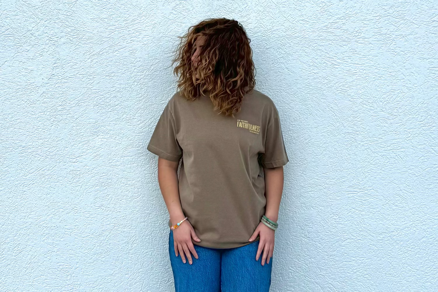 Brown Shirt, 'God Presents Faithfulness', worn on person. 